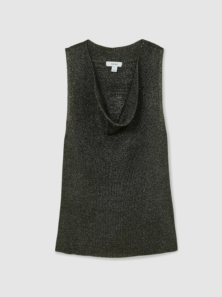 Reiss Green Simone Cowl-Neck Metallic-Knit Sleeveless Top - Image 2 of 6 Reiss Green Simone Cowl-Neck Metallic-Knit Sleeveless Top - Image 2 of 6