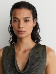 Reiss Green Simone Cowl-Neck Metallic-Knit Sleeveless Top - Image 3 of 6