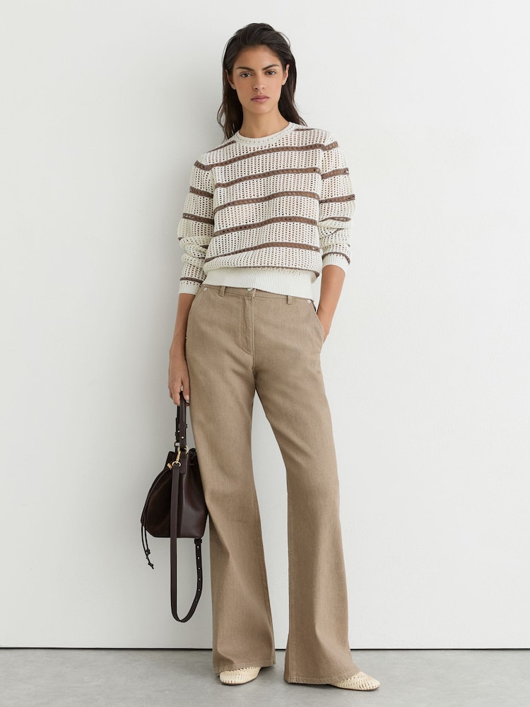 Reiss Ivory/Taupe Neutral Skylar Cotton-Blend Open-Knit Stripe Jumper - Image 1 of 7 Reiss Ivory/Taupe Neutral Skylar Cotton-Blend Open-Knit Stripe Jumper - Image 1 of 7