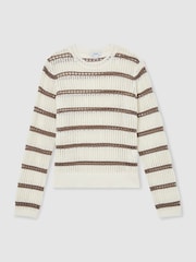 Reiss Ivory/Taupe Neutral Skylar Cotton-Blend Open-Knit Stripe Jumper - Image 2 of 7