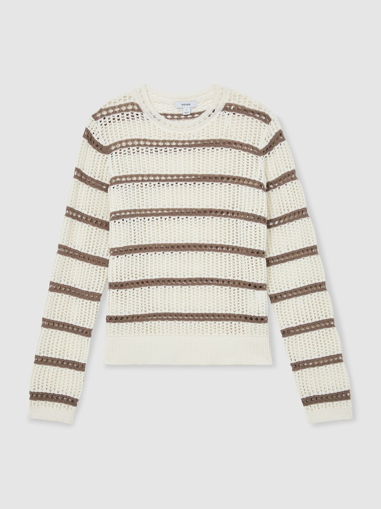 Reiss Ivory/Taupe Neutral Skylar Cotton-Blend Open-Knit Stripe Jumper - Image 2 of 7 Reiss Ivory/Taupe Neutral Skylar Cotton-Blend Open-Knit Stripe Jumper - Image 2 of 7