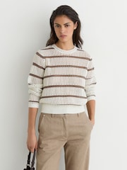Reiss Ivory/Taupe Neutral Skylar Cotton-Blend Open-Knit Stripe Jumper - Image 3 of 7