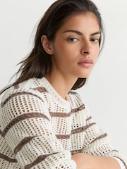 Reiss Ivory/Taupe Neutral Skylar Cotton-Blend Open-Knit Stripe Jumper - Image 5 of 7