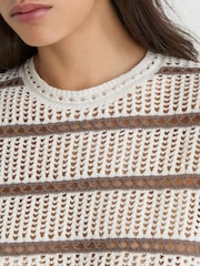Reiss Ivory/Taupe Neutral Skylar Cotton-Blend Open-Knit Stripe Jumper - Image 6 of 7