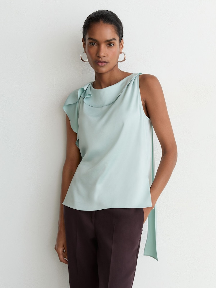 Reiss Aqua Blue Hanna Satin Sleeveless Frill-Detail Top - Image 1 of 7 Reiss Aqua Blue Hanna Satin Sleeveless Frill-Detail Top - Image 1 of 7
