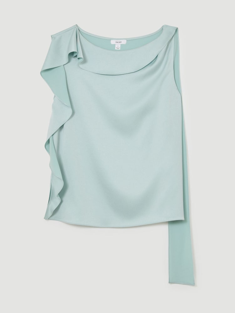 Reiss Aqua Blue Hanna Satin Sleeveless Frill-Detail Top - Image 2 of 7 Reiss Aqua Blue Hanna Satin Sleeveless Frill-Detail Top - Image 2 of 7