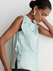 Reiss Aqua Blue Hanna Satin Sleeveless Frill-Detail Top - Image 3 of 7