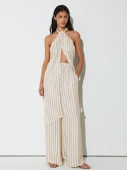 Reiss Ivory/Black Isabella Halterneck Stripe Split-Front Resort Top - Image 1 of 7