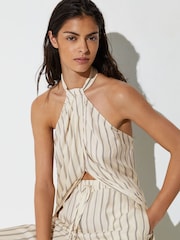 Reiss Ivory/Black Isabella Halterneck Stripe Split-Front Resort Top - Image 3 of 7
