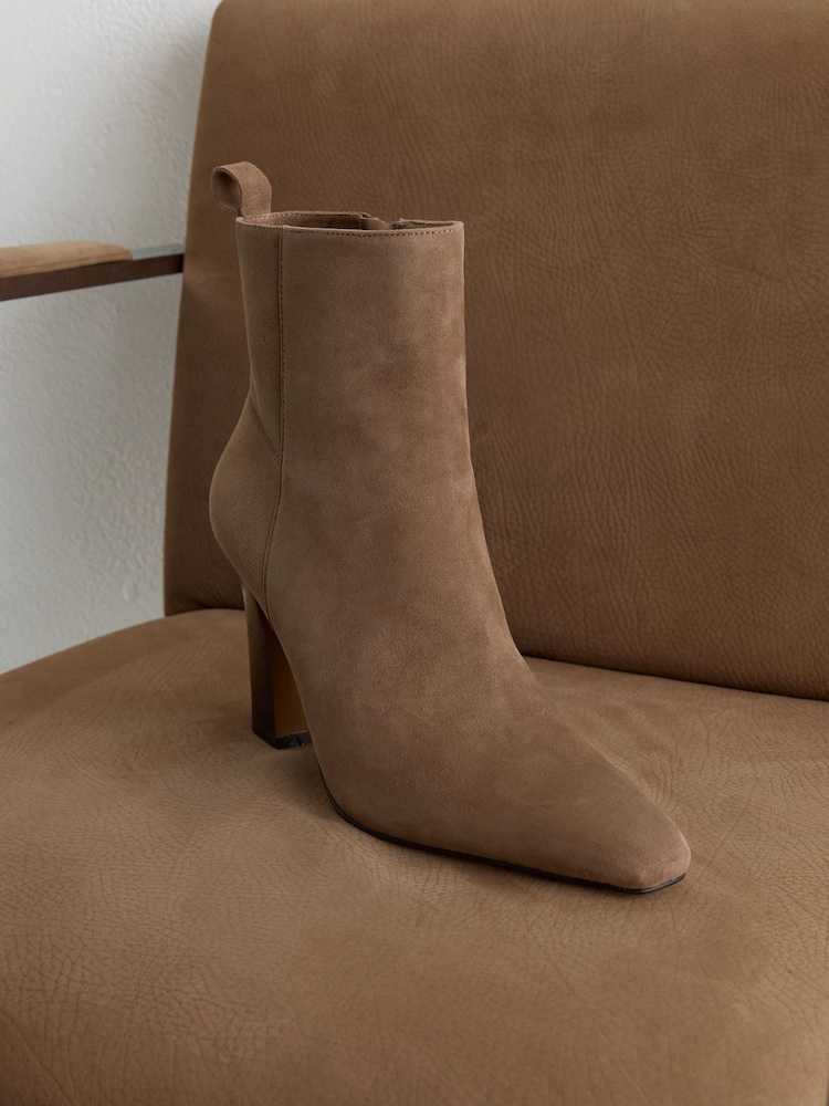 Reiss Taupe Blakely Suede Chisel-Toe Block-Heel Ankle Boots - Image 1 of 4 Reiss Taupe Blakely Suede Chisel-Toe Block-Heel Ankle Boots - Image 1 of 4