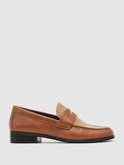 Reiss Tan Kallie Leather and Suede Penny Loafers - Image 1 of 5