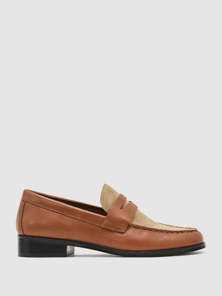 Reiss Tan Kallie Leather and Suede Penny Loafers - Image 1 of 5 Reiss Tan Kallie Leather and Suede Penny Loafers - Image 1 of 5