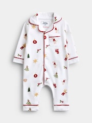 JoJo Maman Bébé White Christmas Print Jersey All-In-One Pyjamas - Image 1 of 4
