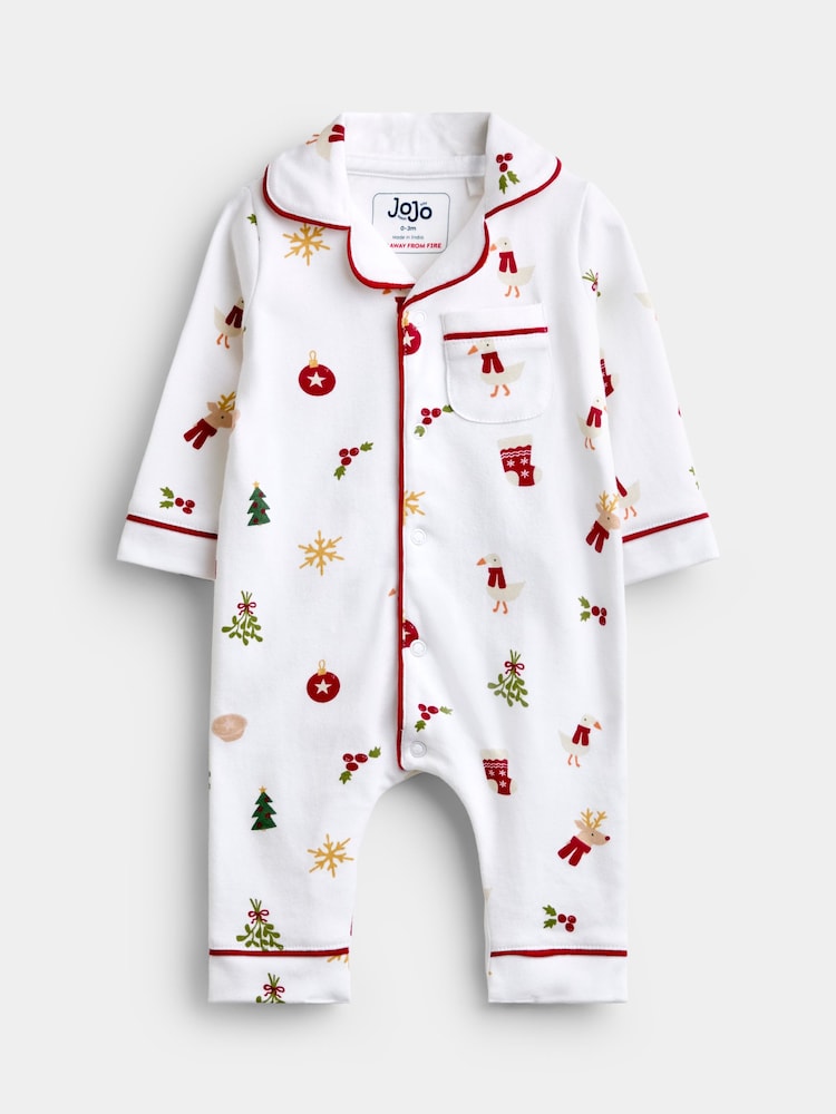 JoJo Maman Bébé White Christmas Print Jersey All-In-One Pyjamas - Image 1 of 4 JoJo Maman Bébé White Christmas Print Jersey All-In-One Pyjamas - Image 1 of 4