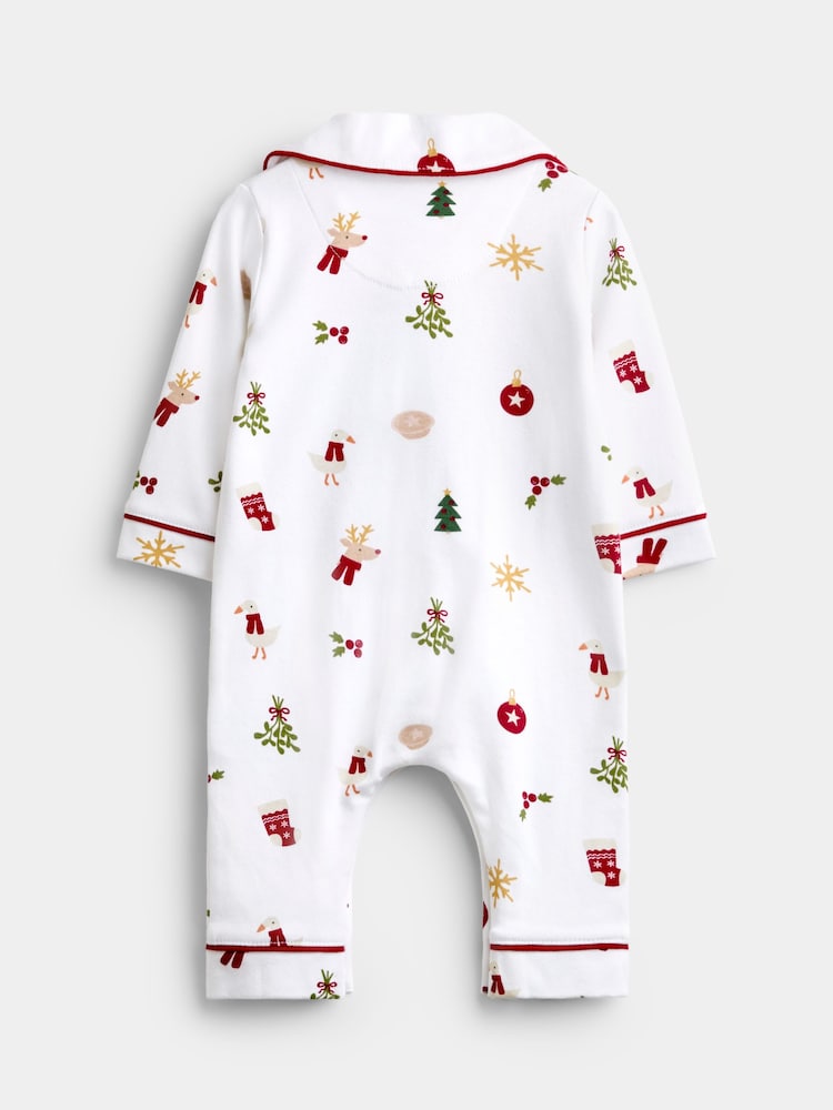 JoJo Maman Bébé White Christmas Print Jersey All-In-One Pyjamas - Image 2 of 4 JoJo Maman Bébé White Christmas Print Jersey All-In-One Pyjamas - Image 2 of 4