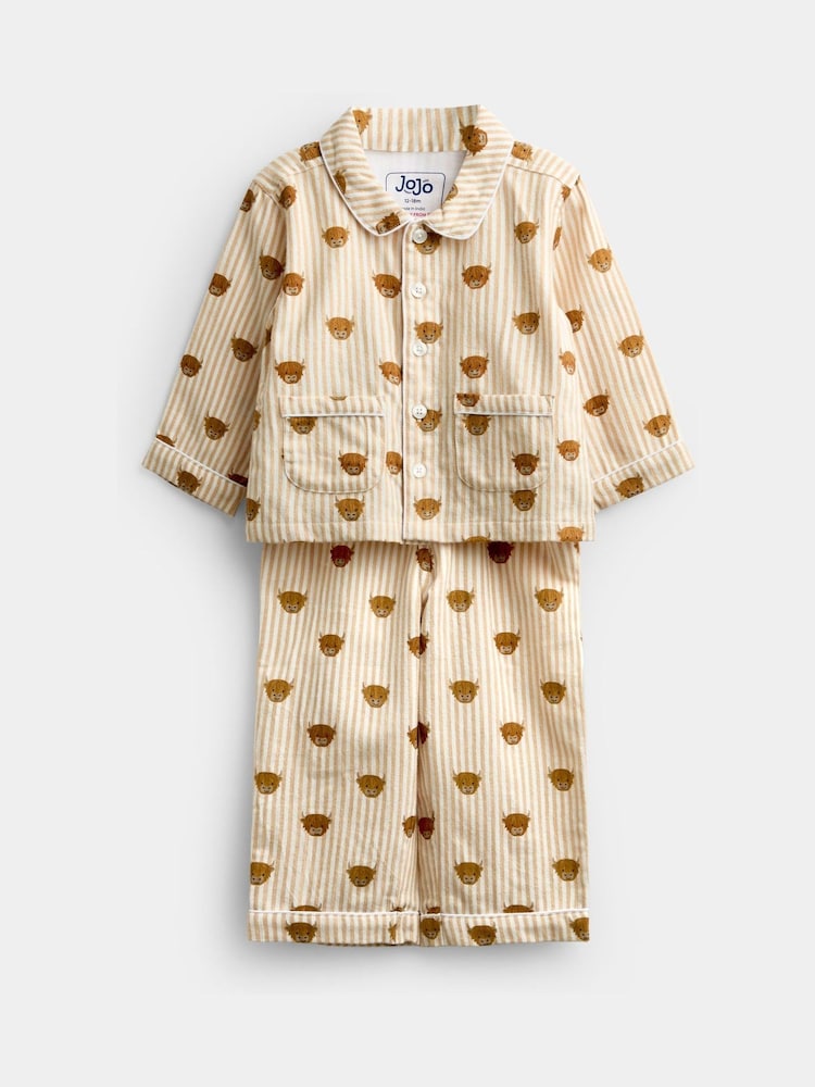 JoJo Maman Bébé Stone Highland Cow Stripe Woven Pyjamas - Image 1 of 6 JoJo Maman Bébé Stone Highland Cow Stripe Woven Pyjamas - Image 1 of 6