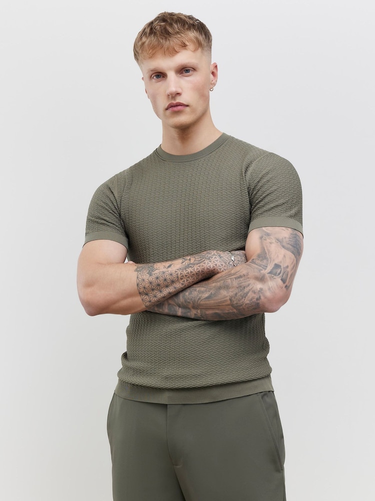 River Island Green Muscle Fit Texture Muscle T-Shirt - Image 1 of 4