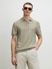 River Island Green Slim Fit Pinstripe Open Collar Polo Shirt - Image 1 of 4