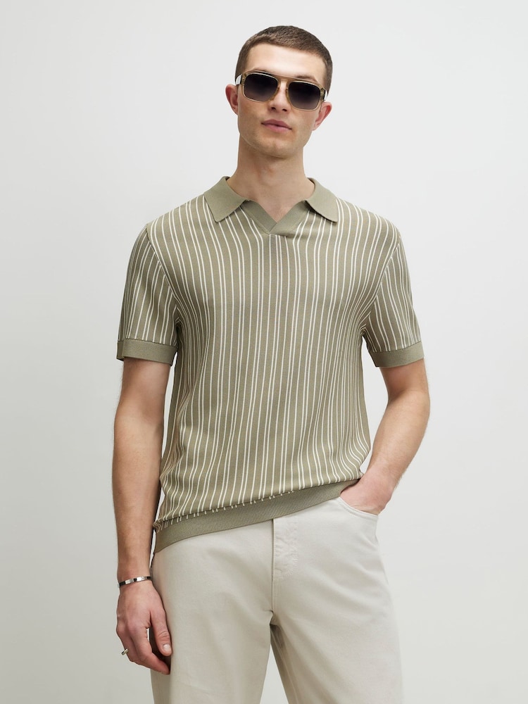 River Island Green Slim Fit Pinstripe Open Collar Polo Shirt - Image 1 of 4
