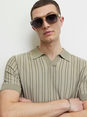 River Island Green Slim Fit Pinstripe Open Collar Polo Shirt - Image 2 of 4