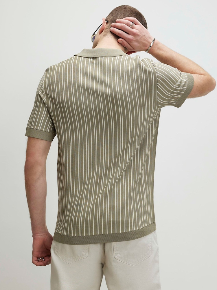 River Island Green Slim Fit Pinstripe Open Collar Polo Shirt - Image 4 of 4