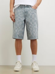 River Island Blue Checkered Denim Shorts - Image 1 of 4