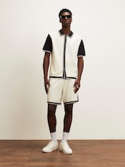 River Island Cream Slim Fit Glossy Knitted Colour Block Shorts - Image 1 of 4