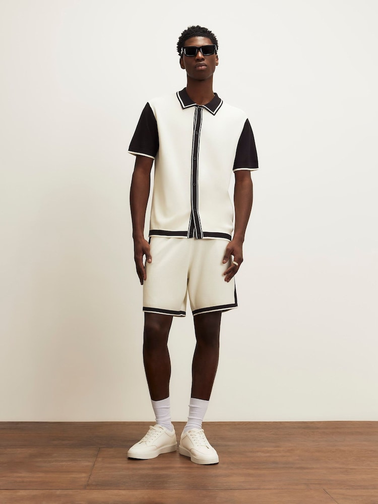 River Island Cream Slim Fit Glossy Knitted Colour Block Shorts - Image 1 of 4