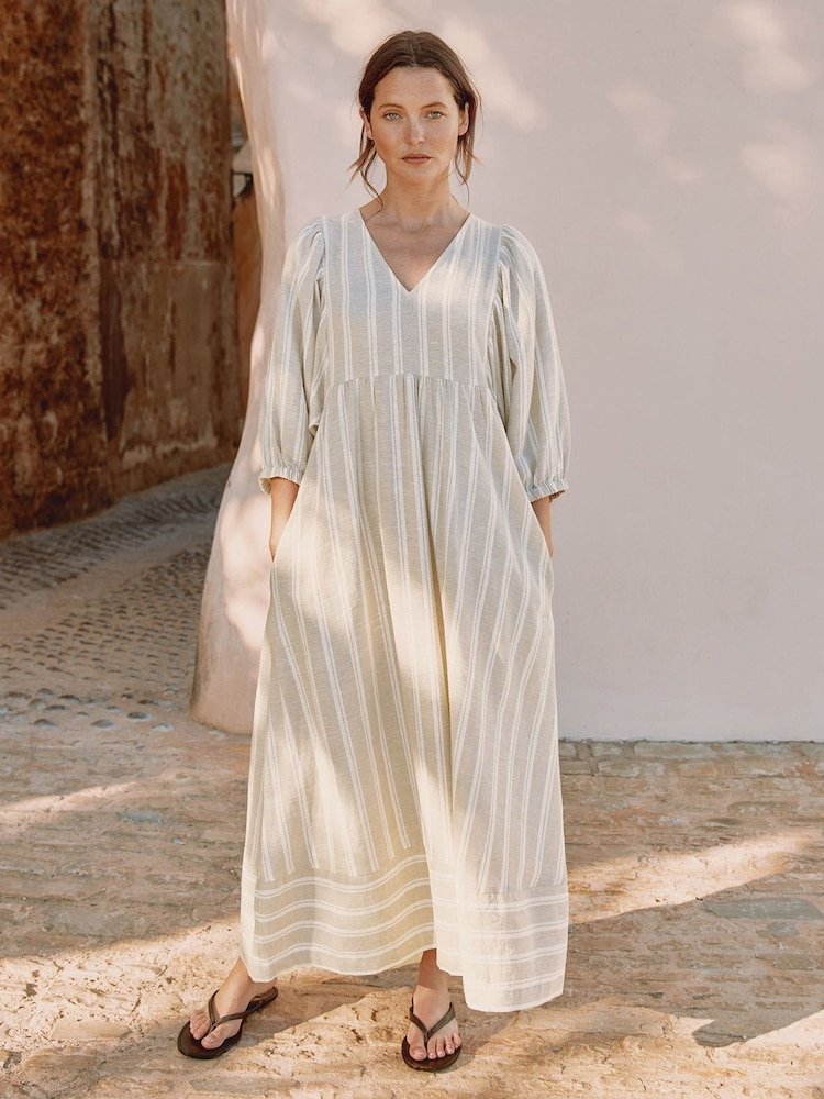 Albaray Cream Linen Stripe V-Neck Dress - Image 1 of 5 Albaray Cream Linen Stripe V-Neck Dress - Image 1 of 5