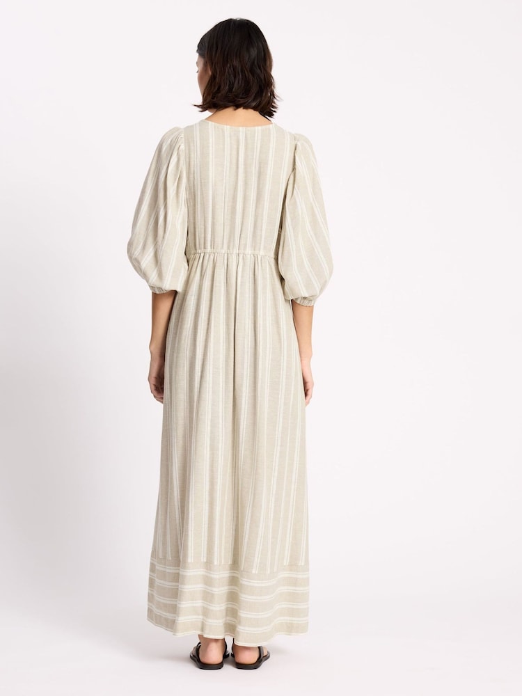 Albaray Cream Linen Stripe V-Neck Dress - Image 2 of 5 Albaray Cream Linen Stripe V-Neck Dress - Image 2 of 5