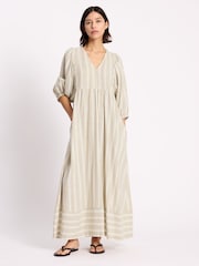 Albaray Cream Linen Stripe V-Neck Dress - Image 4 of 5