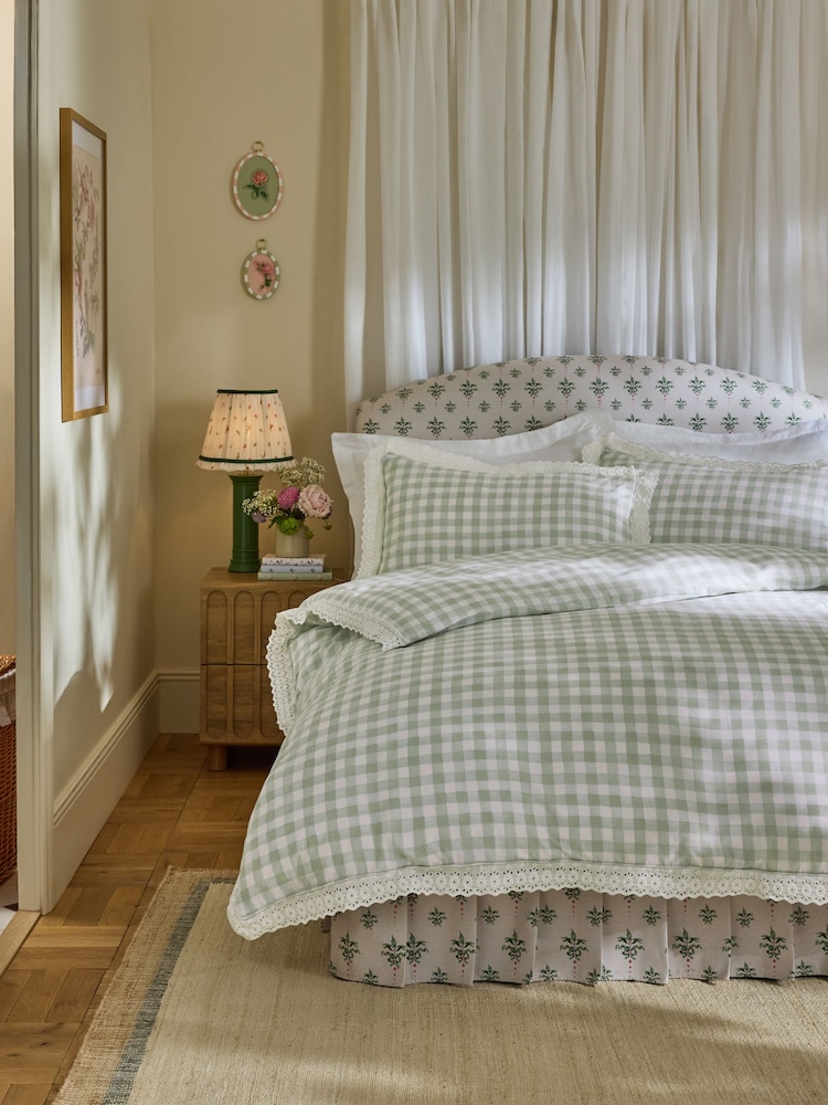 Cath Kidston Green Painted Gingham Broderie Trim 100% Cotton Duvet Cover and Pillowcase Set - Image 1 of 4 Cath Kidston Green Painted Gingham Broderie Trim 100% Cotton Duvet Cover and Pillowcase Set - Image 1 of 4