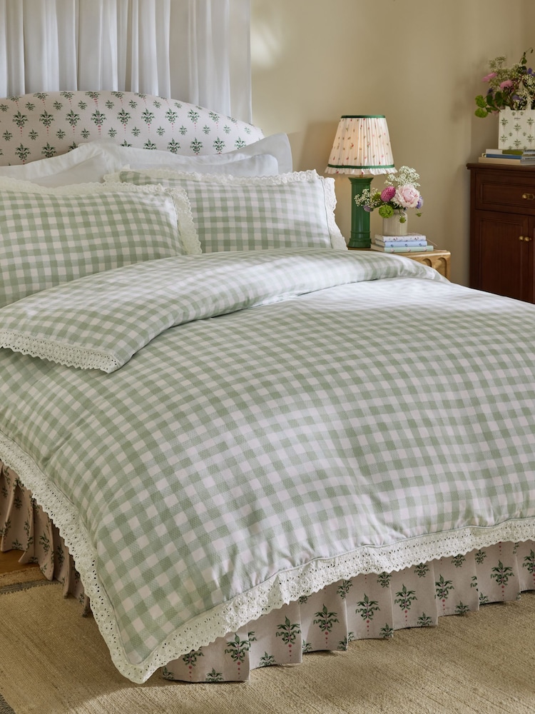 Cath Kidston Green Painted Gingham Broderie Trim 100% Cotton Duvet Cover and Pillowcase Set - Image 2 of 4 Cath Kidston Green Painted Gingham Broderie Trim 100% Cotton Duvet Cover and Pillowcase Set - Image 2 of 4