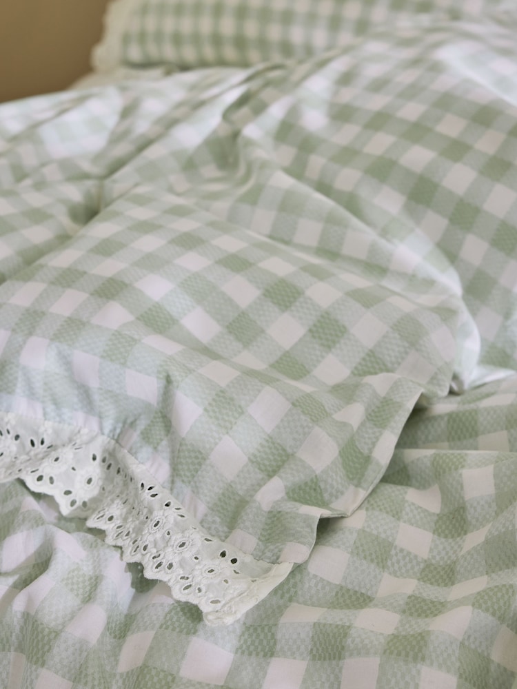 Cath Kidston Green Painted Gingham Broderie Trim 100% Cotton Duvet Cover and Pillowcase Set - Image 4 of 4 Cath Kidston Green Painted Gingham Broderie Trim 100% Cotton Duvet Cover and Pillowcase Set - Image 4 of 4