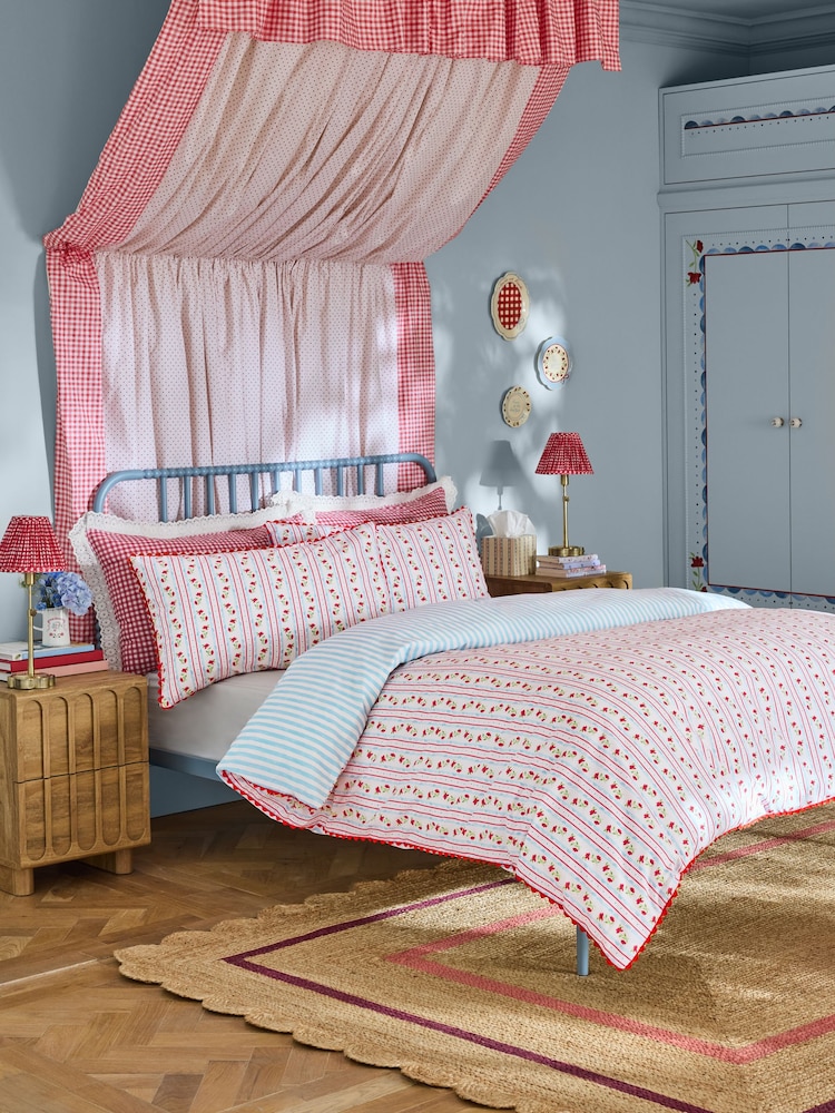 Cath Kidston Red/Blue Treasure Stripe Ric Rac Trim 100% Cotton Duvet Cover and Pillowcase Set - Image 1 of 5 Cath Kidston Red/Blue Treasure Stripe Ric Rac Trim 100% Cotton Duvet Cover and Pillowcase Set - Image 1 of 5