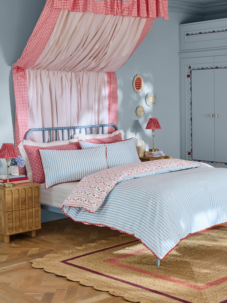 Cath Kidston Red/Blue Treasure Stripe Ric Rac Trim 100% Cotton Duvet Cover and Pillowcase Set - Image 2 of 5 Cath Kidston Red/Blue Treasure Stripe Ric Rac Trim 100% Cotton Duvet Cover and Pillowcase Set - Image 2 of 5