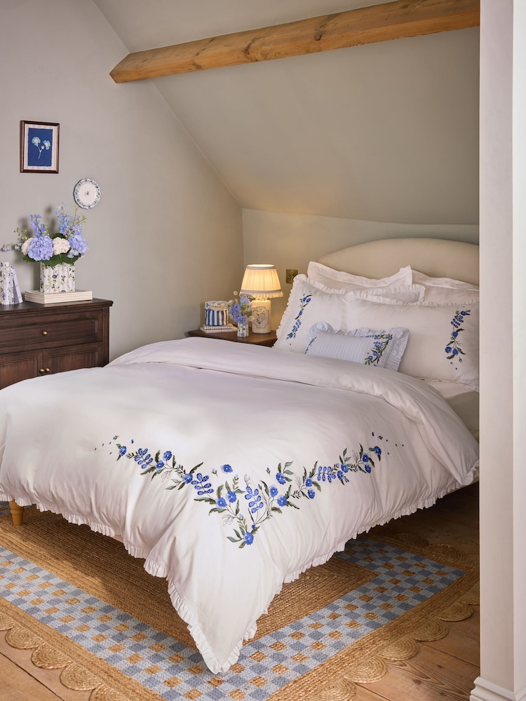 Cath Kidston Blue Forget Me Knot Embroidered Frill 100% Cotton Duvet Cover and Pillowcase Set - Image 2 of 21