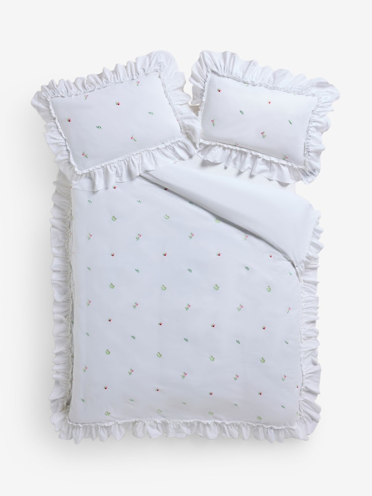 Cath Kidston White Ditsy Floral Embroidered Frill 100% Cotton Duvet Cover and Pillowcase Set - Image 1 of 1