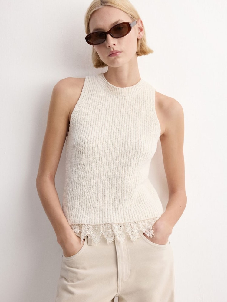 Mango Cream Sleevless Lace Hem Knit Top - Image 1 of 5