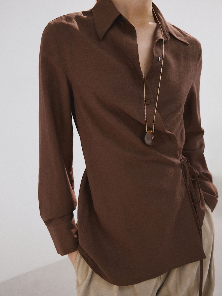 Mango Brown Wrap Tie Waist Shirt - Image 1 of 10