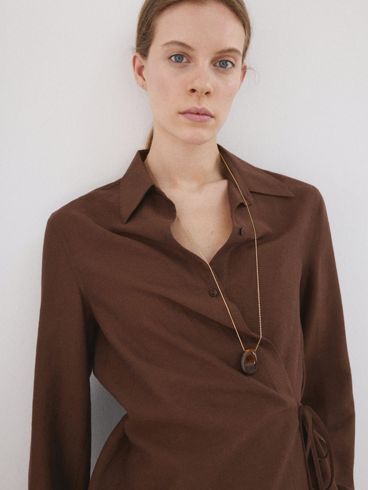 Mango Brown Wrap Tie Waist Shirt - Image 2 of 10