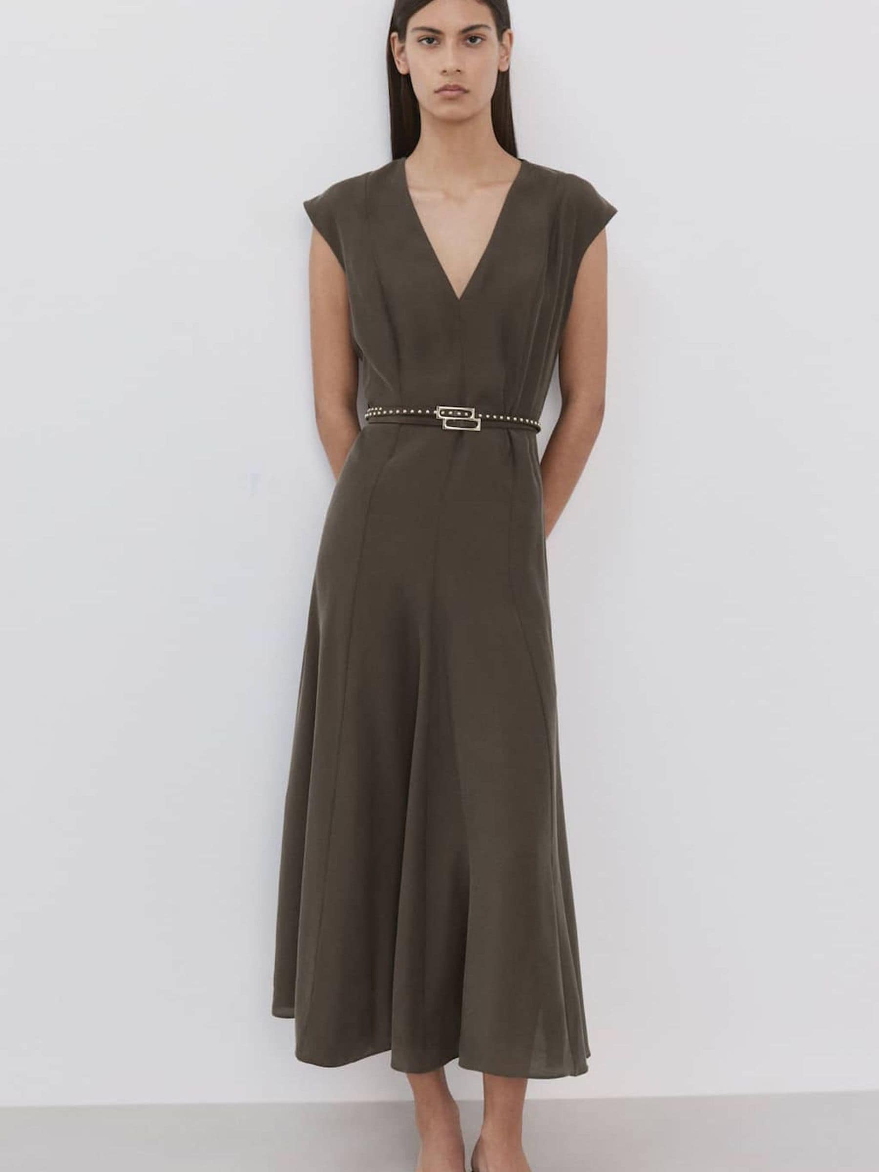 Mango Women's Brown V-Neck Sleeveless Belted Midi Dress