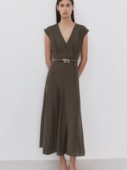 Mango Brown V-Neck Sleeveless Belted Midi Dress - Image 1 of 6