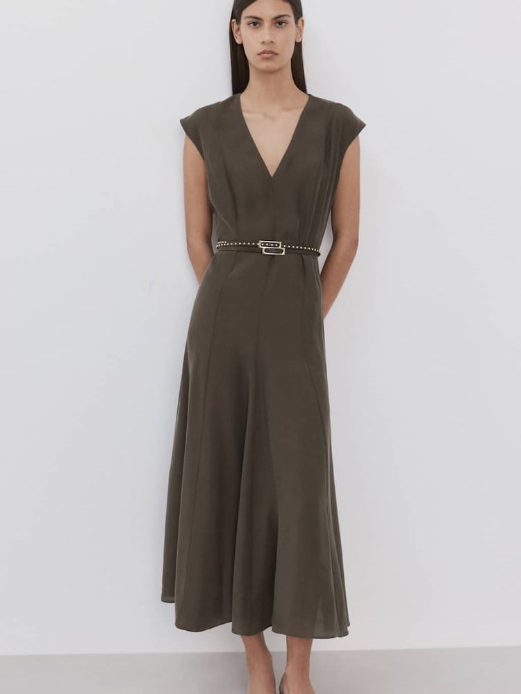 Mango Brown V-Neck Sleeveless Belted Midi Dress - Image 1 of 6