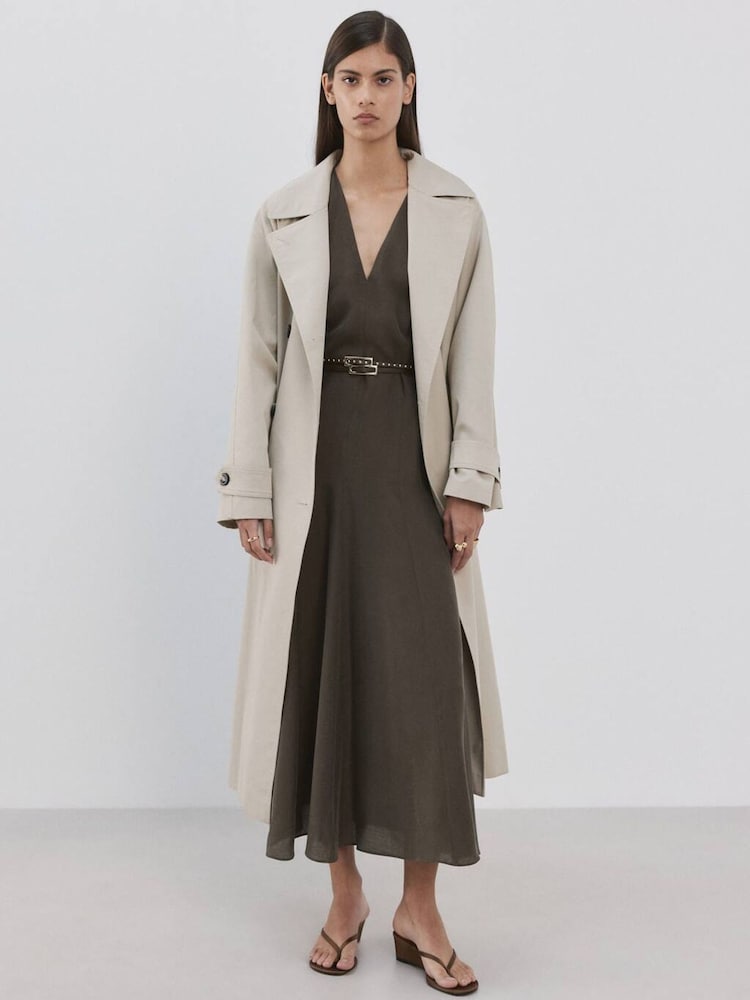 Mango Brown V-Neck Sleeveless Belted Midi Dress - Image 2 of 6