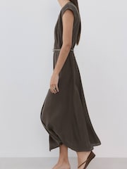 Mango Brown V-Neck Sleeveless Belted Midi Dress - Image 3 of 6