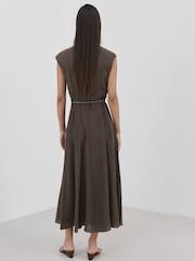 Mango Brown V-Neck Sleeveless Belted Midi Dress - Image 4 of 6