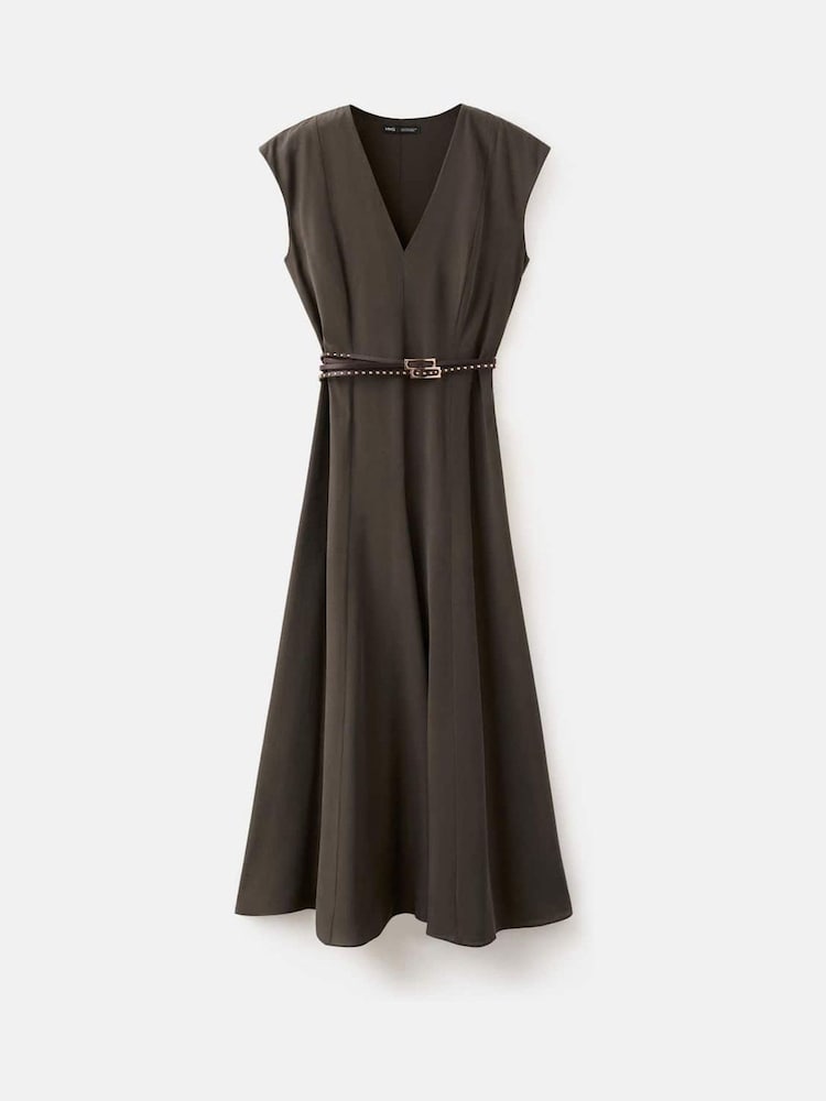 Mango Brown V-Neck Sleeveless Belted Midi Dress - Image 6 of 6