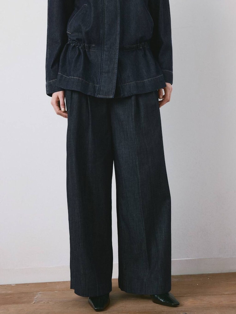 Mango Blue Wide Leg Pleat Detail Trousers - Image 1 of 4