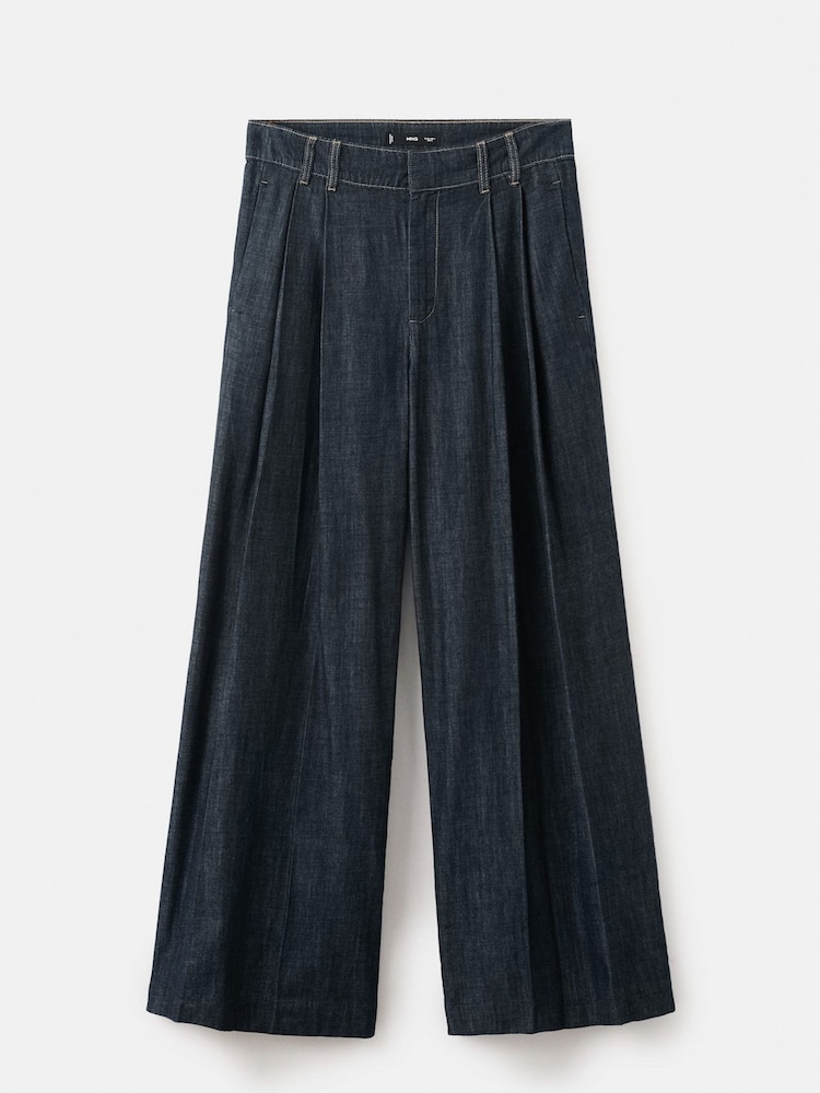 Mango Blue Wide Leg Pleat Detail Trousers - Image 4 of 4